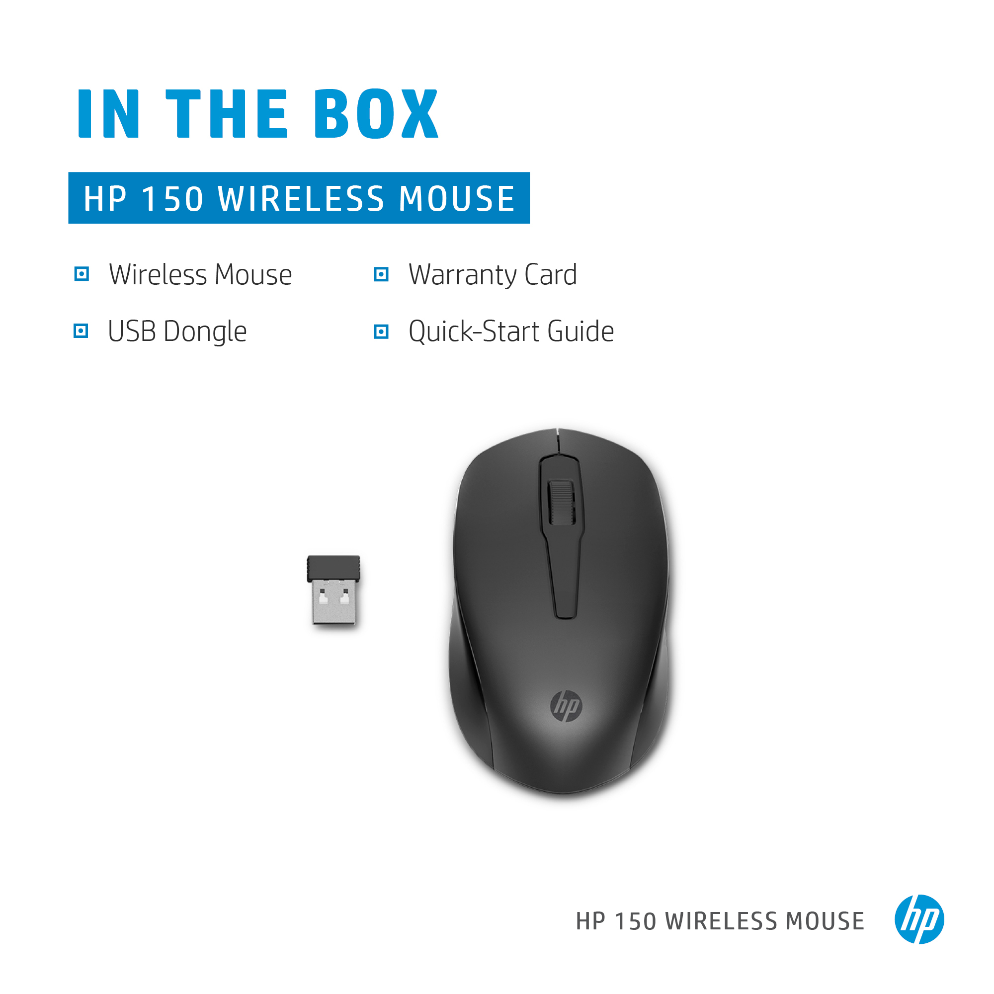 La imagen muestra el ratón inalámbrico HP 150, el dongle USB, la tarjeta de garantía y la guía rápida. El ratón es negro.