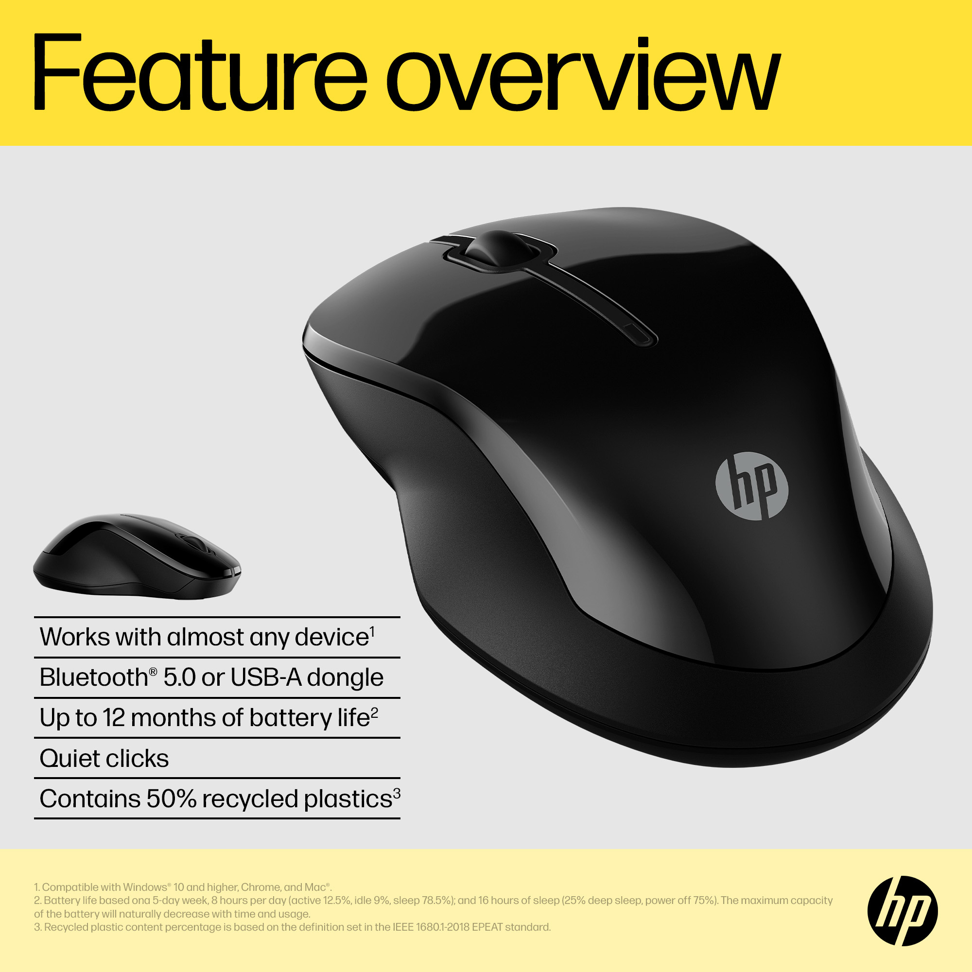 Mouse wireless HP nero. Caratteristiche: Bluetooth, clic silenziosi e fino a 12 mesi di batteria. Realizzato con plastica riciclata.