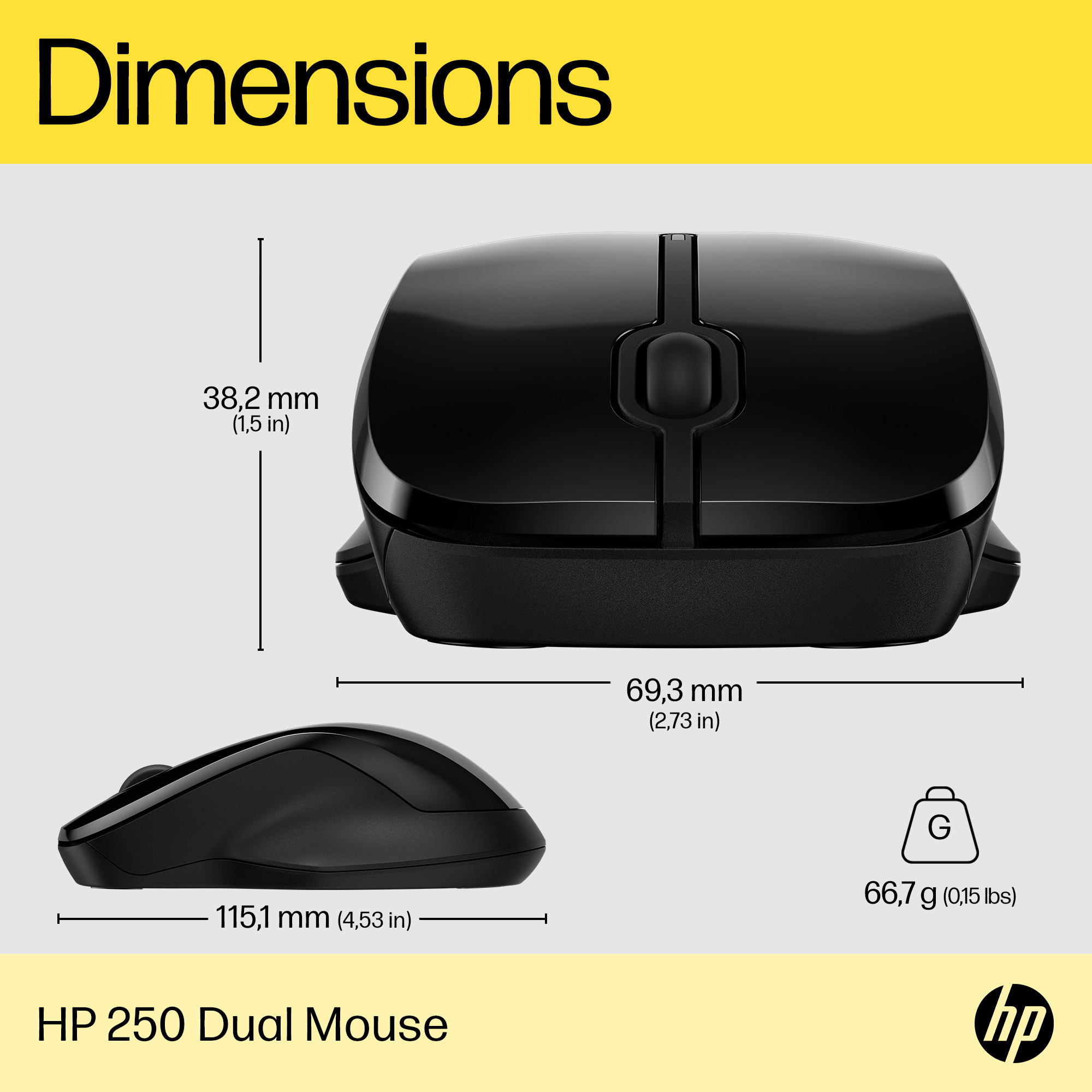 Un mouse HP 250 Dual nero con dimensioni e peso. Sono mostrate viste laterali e superiori con misure.