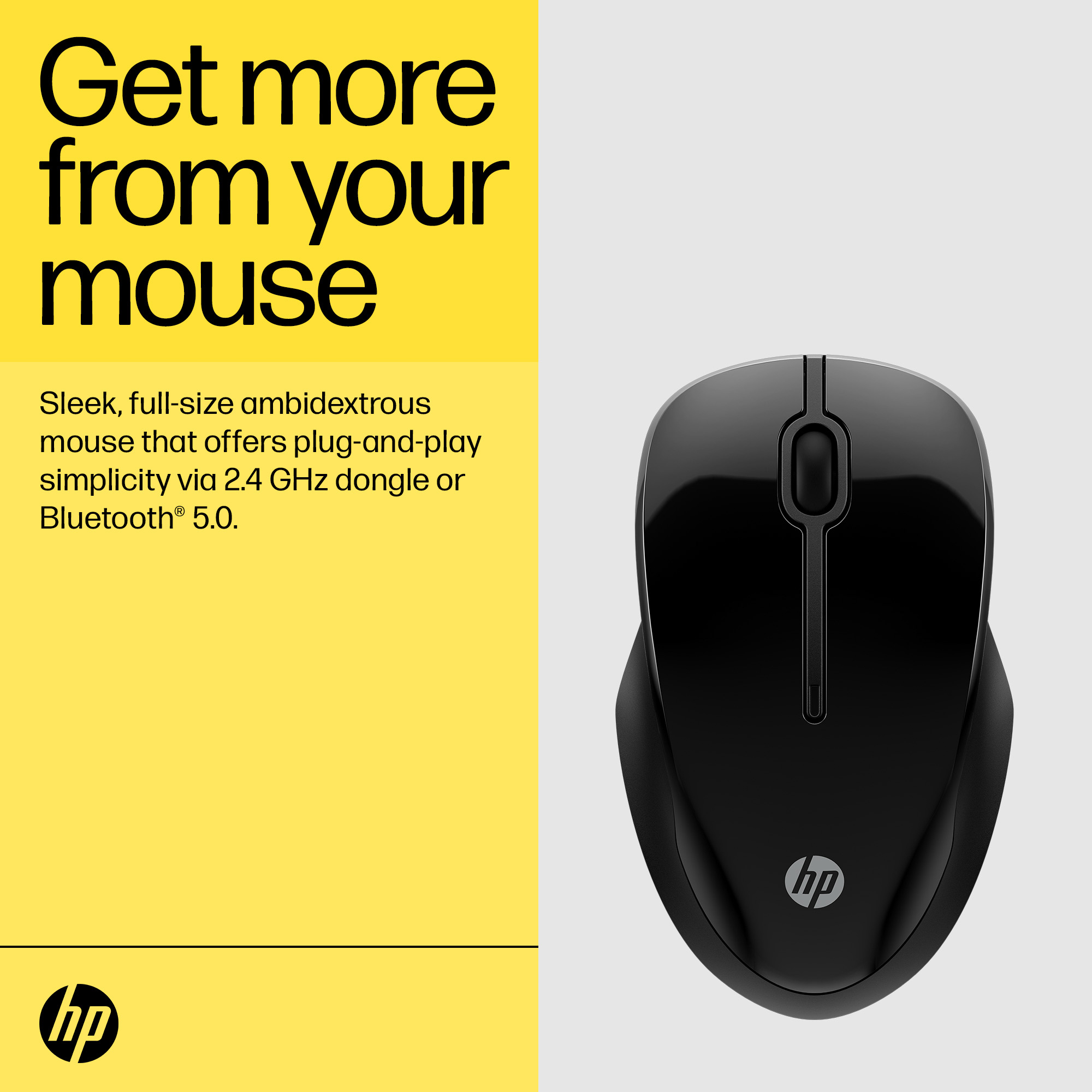 Un mouse HP nero. Sfondo giallo con testo: Ottieni di più dal tuo mouse. Mouse ambidestro elegante.