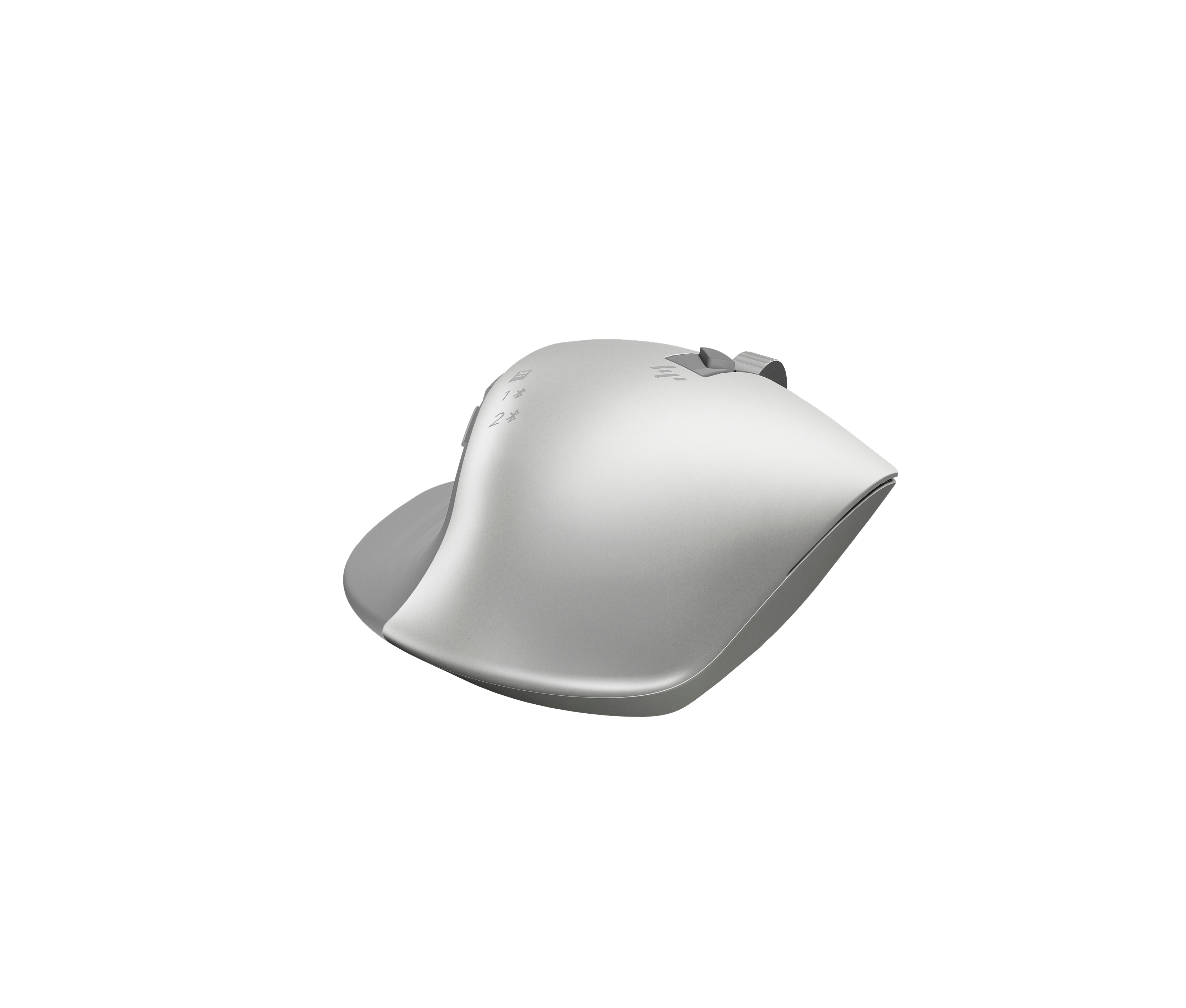 Un ratón plateado sobre fondo blanco. Tiene botones y rueda de desplazamiento, diseño ergonómico.