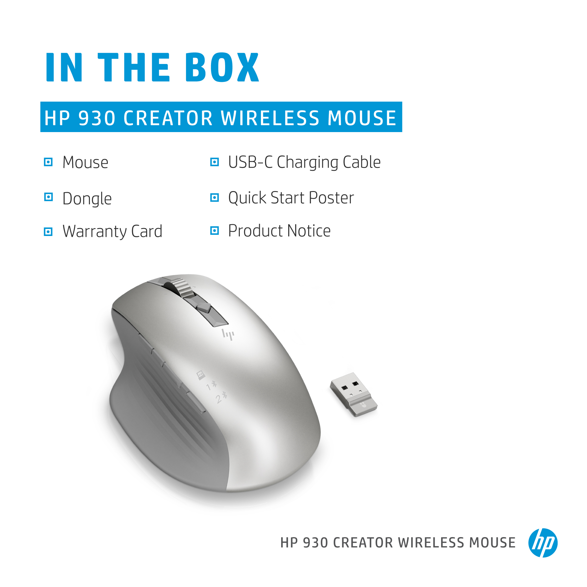 La imagen muestra un ratón inalámbrico HP 930 Creator, un dongle y artículos incluidos. El texto enumera los artículos en la caja.
