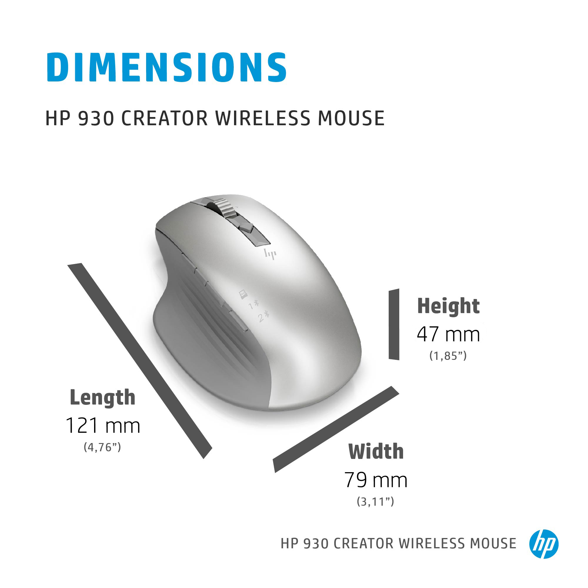 Un ratón inalámbrico HP 930 Creator, color plata, con dimensiones. La longitud es 121 mm, la altura 47 mm y el ancho 79 mm.