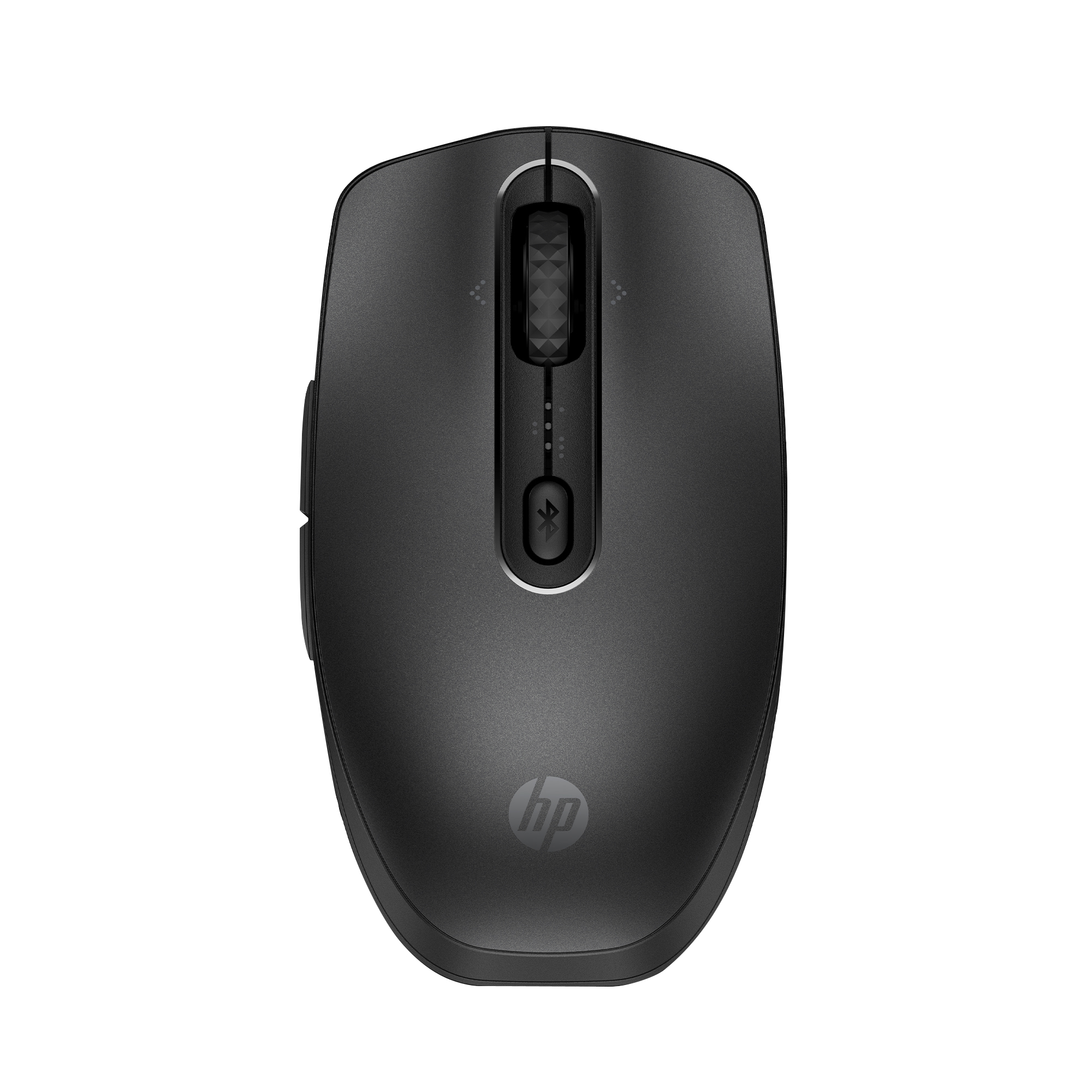 Un ratón de computadora HP negro sobre un fondo blanco. Tiene una rueda de desplazamiento, botones y el logotipo de HP.