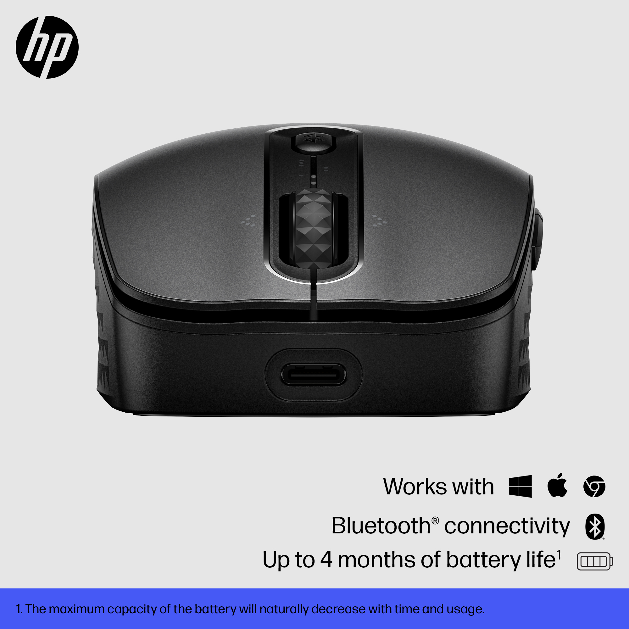 Mouse HP nero. Caratteristiche: Bluetooth, fino a 4 mesi di batteria e compatibile con Windows, Apple e Chrome.