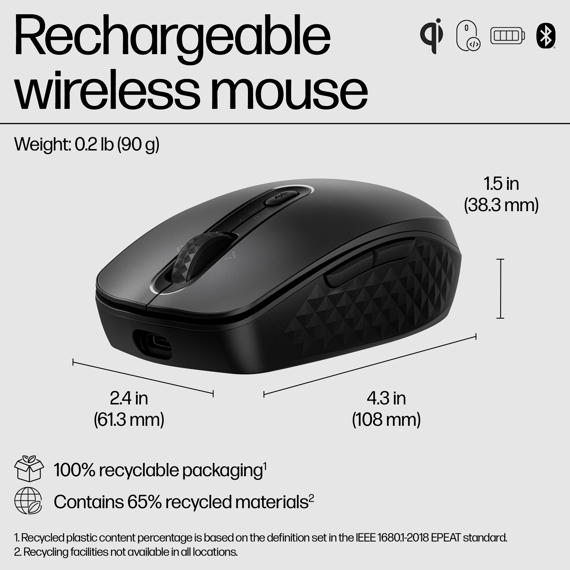 Mouse wireless nero con dimensioni. Testo: 'Mouse wireless ricaricabile' e 'Peso: 0,2 lb (90 g)'.