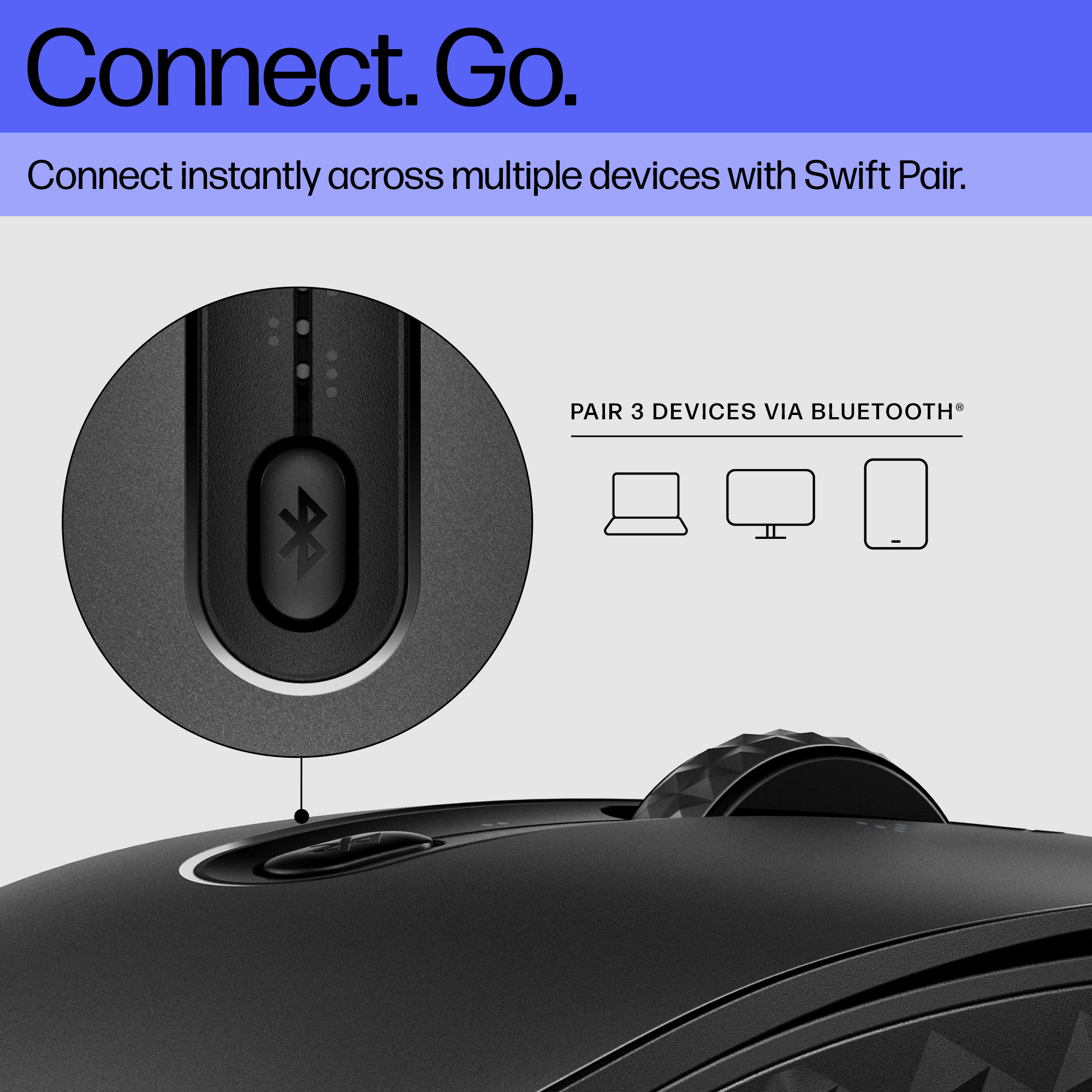 Mouse nero con simbolo Bluetooth. L'immagine mostra il mouse, con il testo: 'Associa 3 dispositivi tramite Bluetooth'.