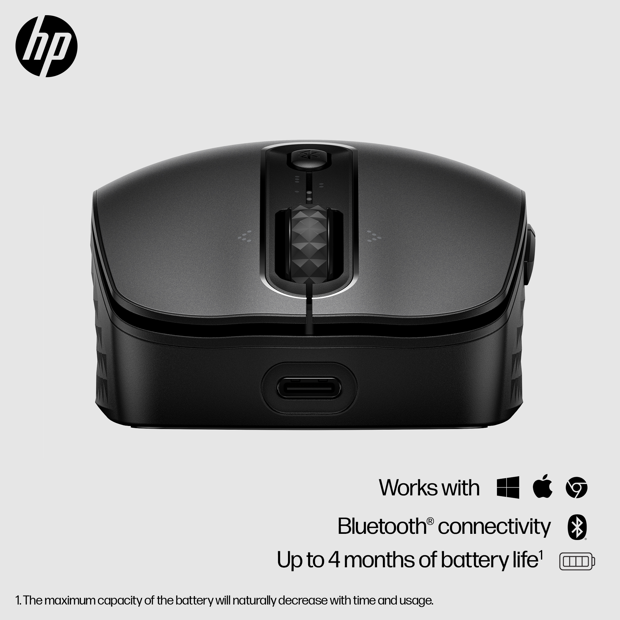 Ratón inalámbrico HP negro. Tiene una rueda de desplazamiento y botones. La imagen también muestra iconos de compatibilidad y duración de la batería.