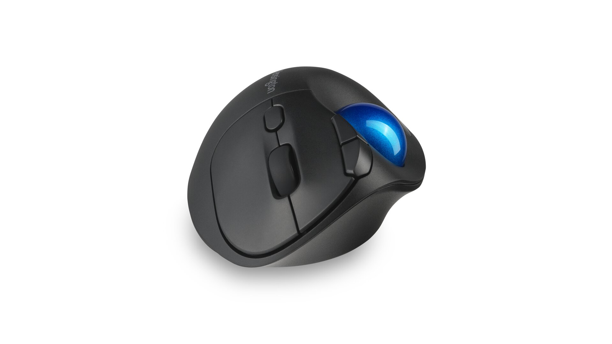 A black ergonomic computer mouse with a blue trackball. It is set against a white background, highlighting the device.