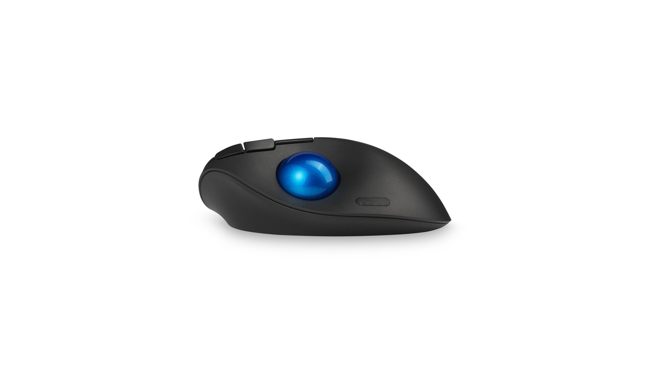 Black trackball mouse with a blue ball on a white background. It has buttons on top and is ergonomic.