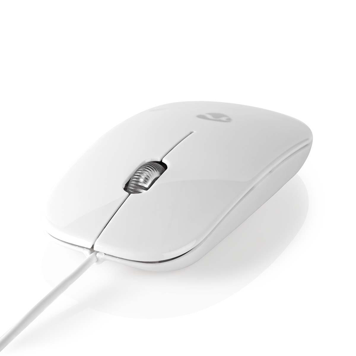 A white computer mouse with a scroll wheel and a connected cable, on a white background.
