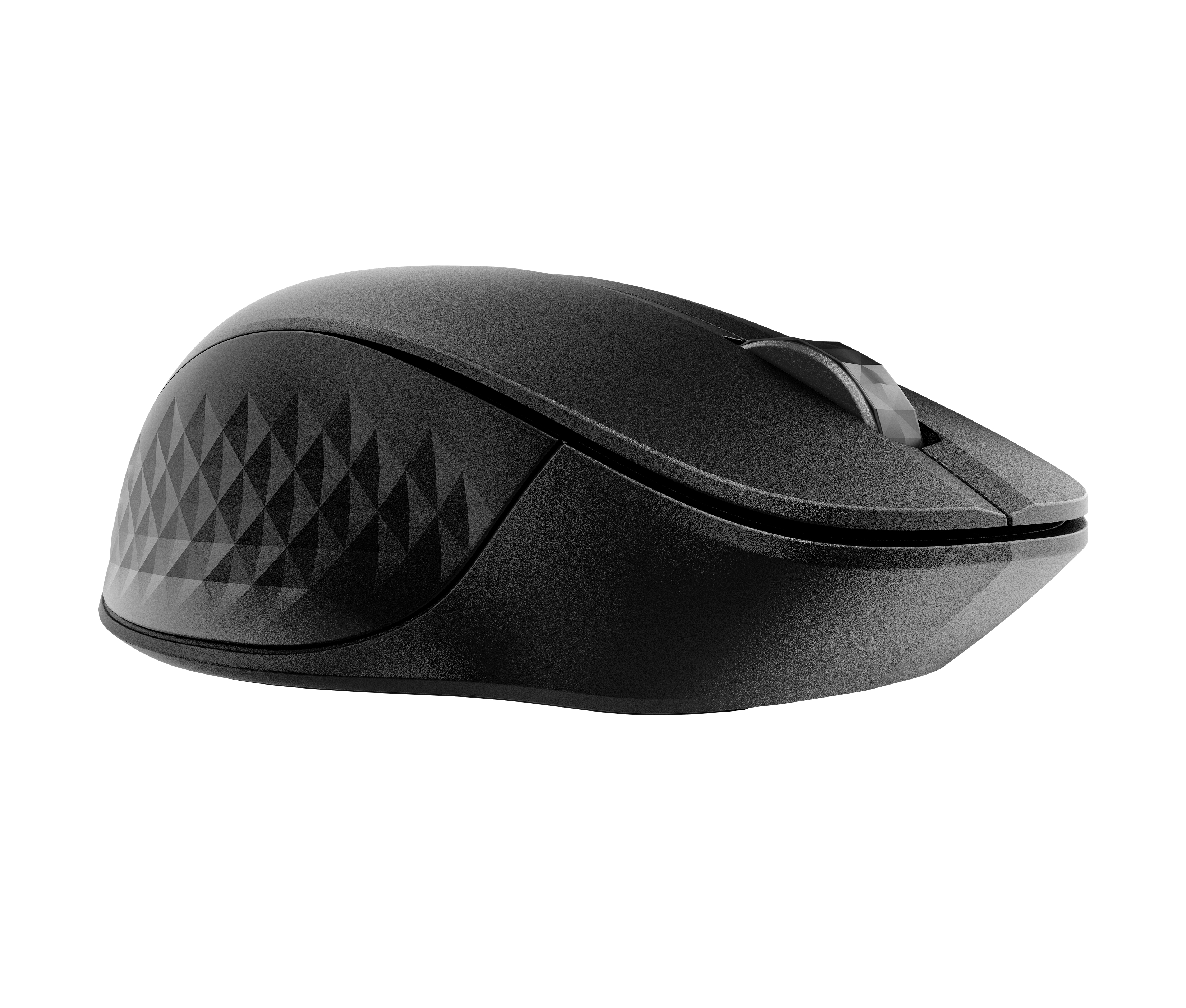 Zwarte computermuis op een witte achtergrond. Het heeft een diamantachtig patroon aan de zijkant.
