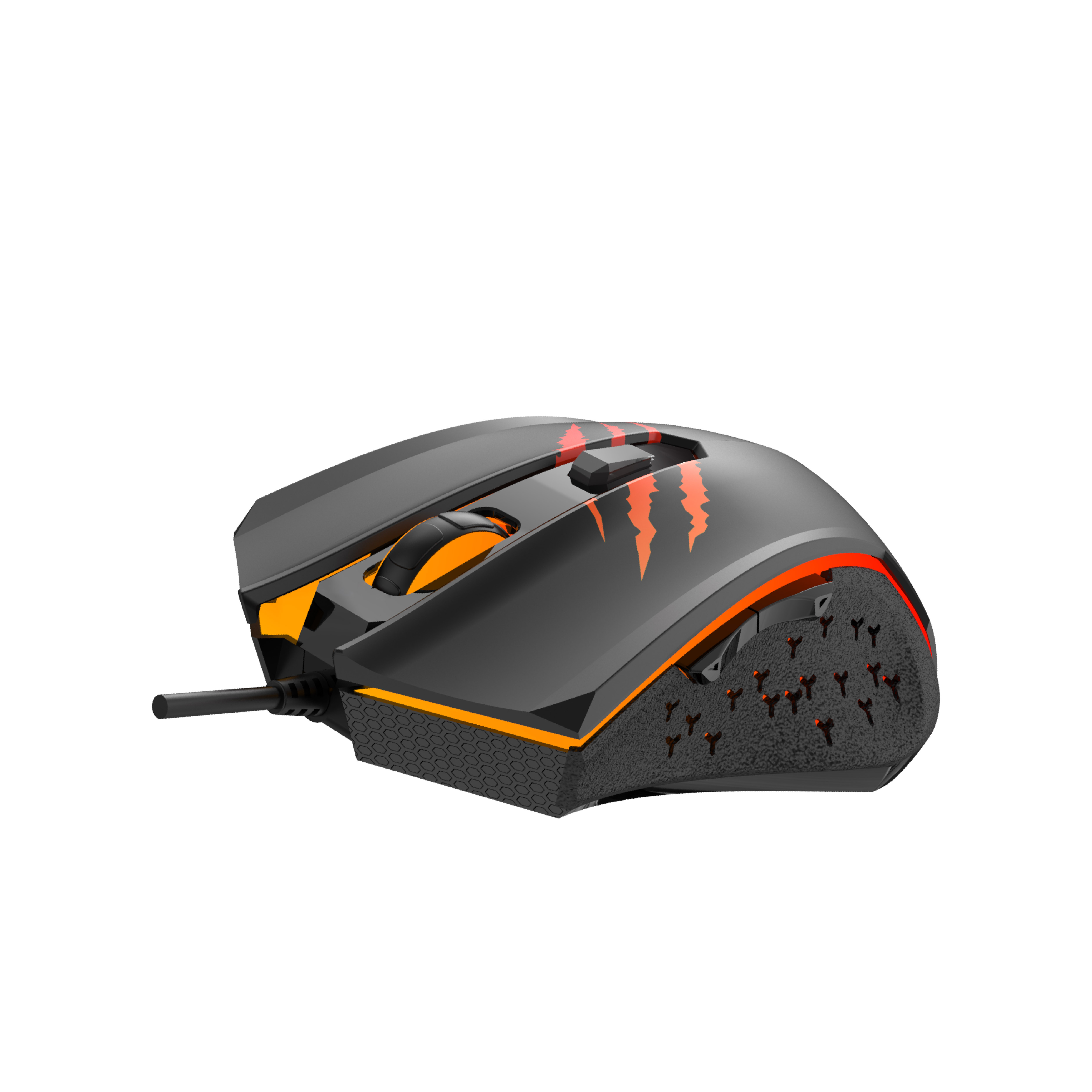 Een zwarte gamingmuis met oranje accenten en klauwstrepen erop, snoer bevestigd. Op een witte achtergrond.