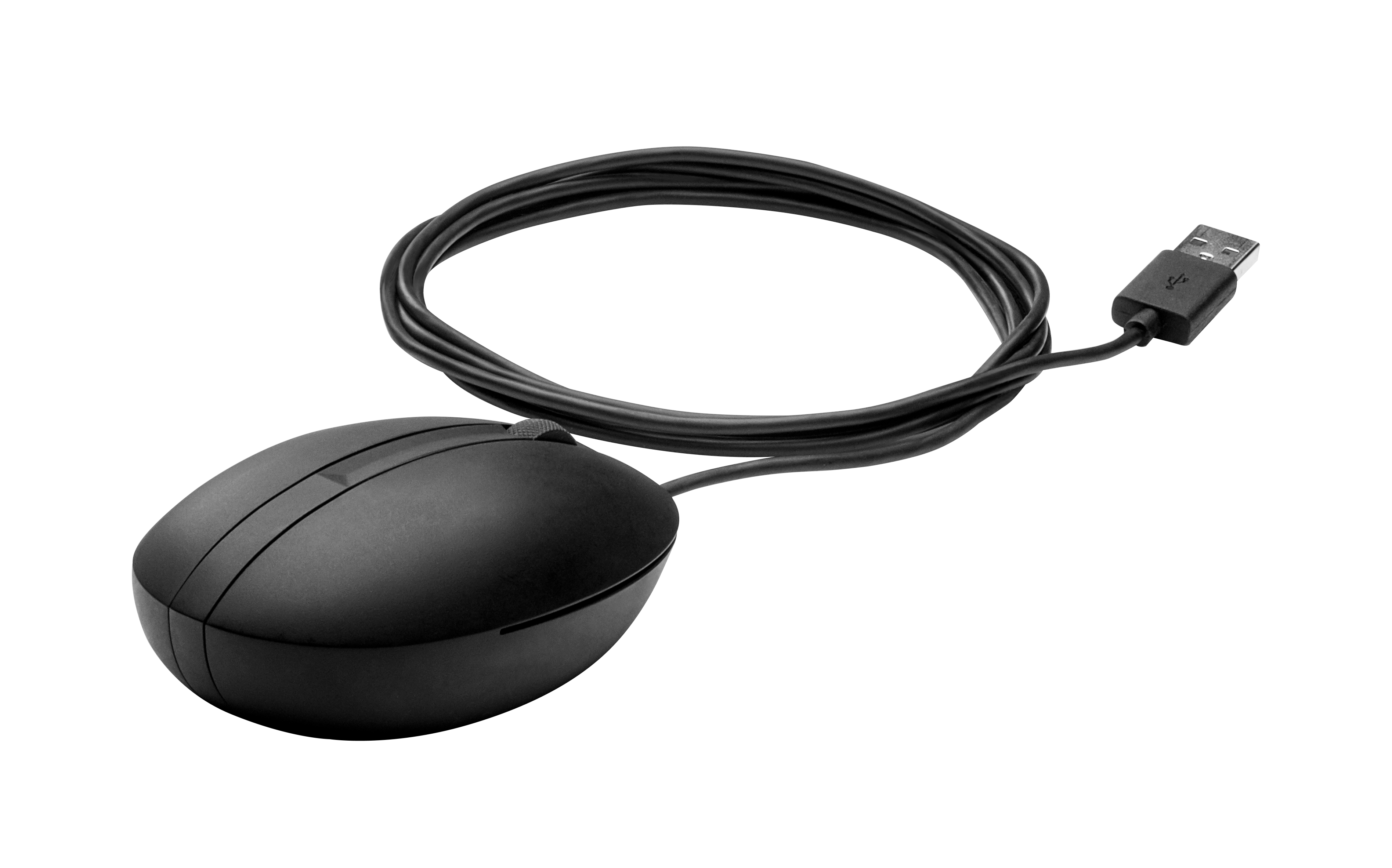 Ratón de ordenador negro con cable y conector USB sobre fondo blanco.