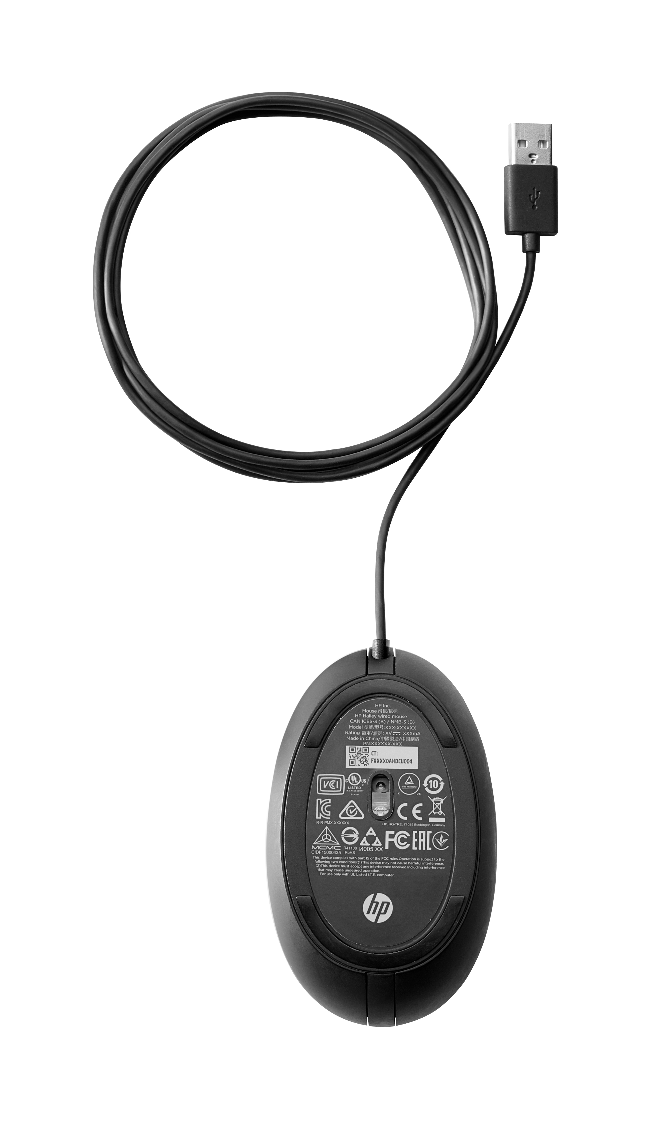 Ratón HP negro con cable negro y conector USB. El ratón está sobre un fondo blanco.