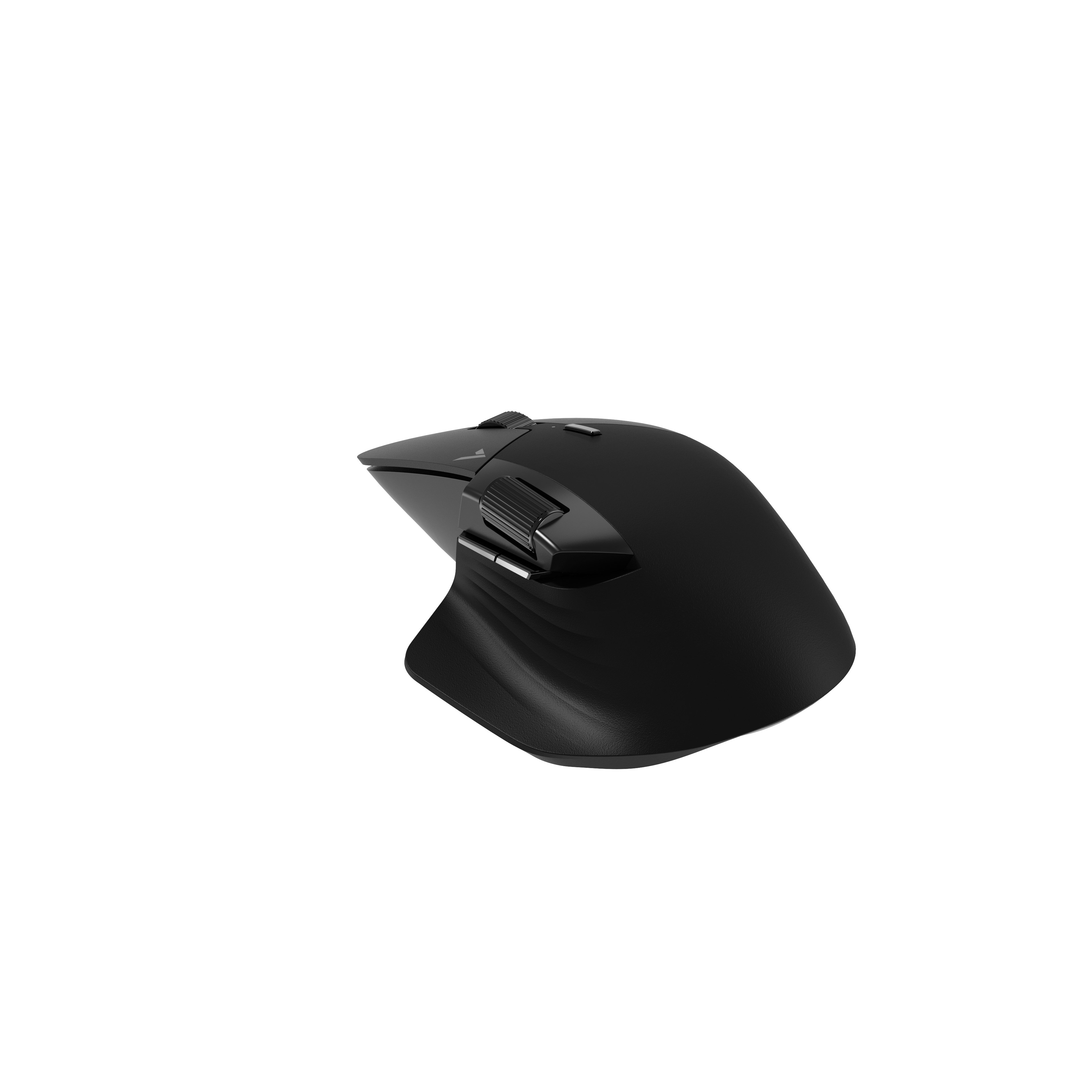 Eine schwarze ergonomische Computermaus auf weißem Hintergrund. Sie hat ein Scrollrad und mehrere Tasten.