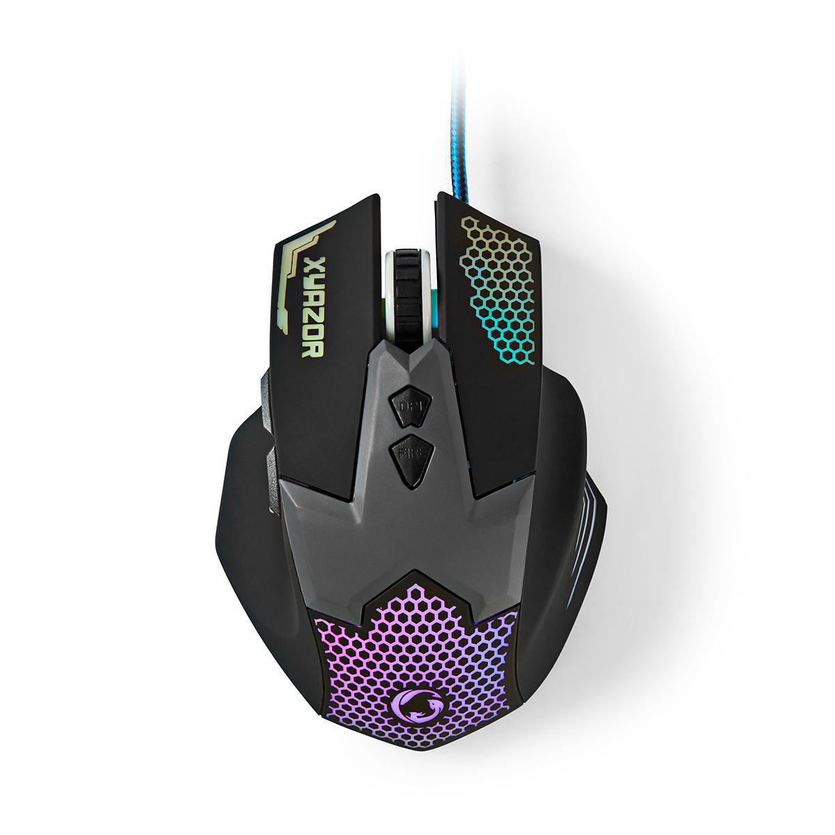 Mouse da gaming nero con luci LED. Presenta pulsanti e un design a nido d'ape testurizzato. Il marchio è XHRAZOR.