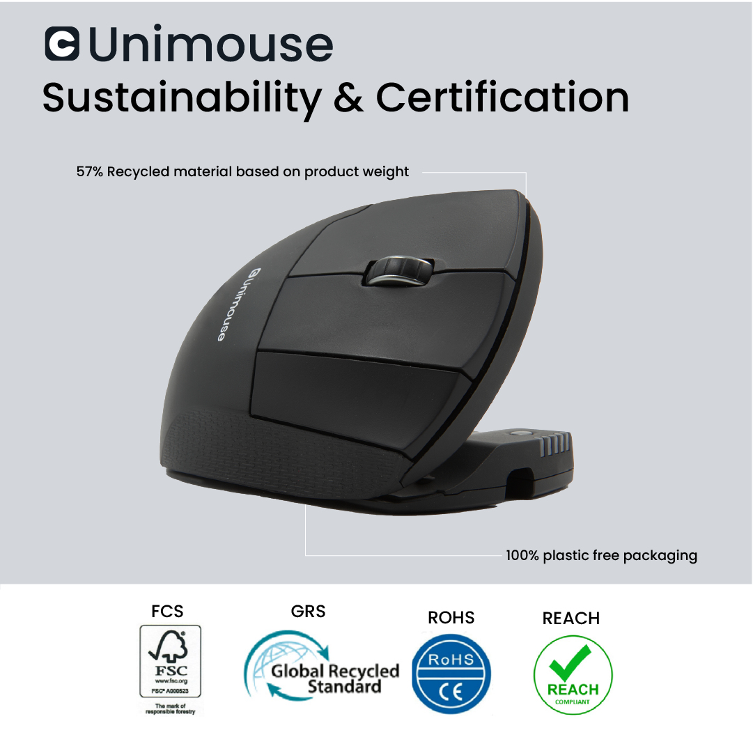 Black Unimouse with sustainability certifications. It is made of 57% recycled materials and comes in 100% plastic-free packaging.