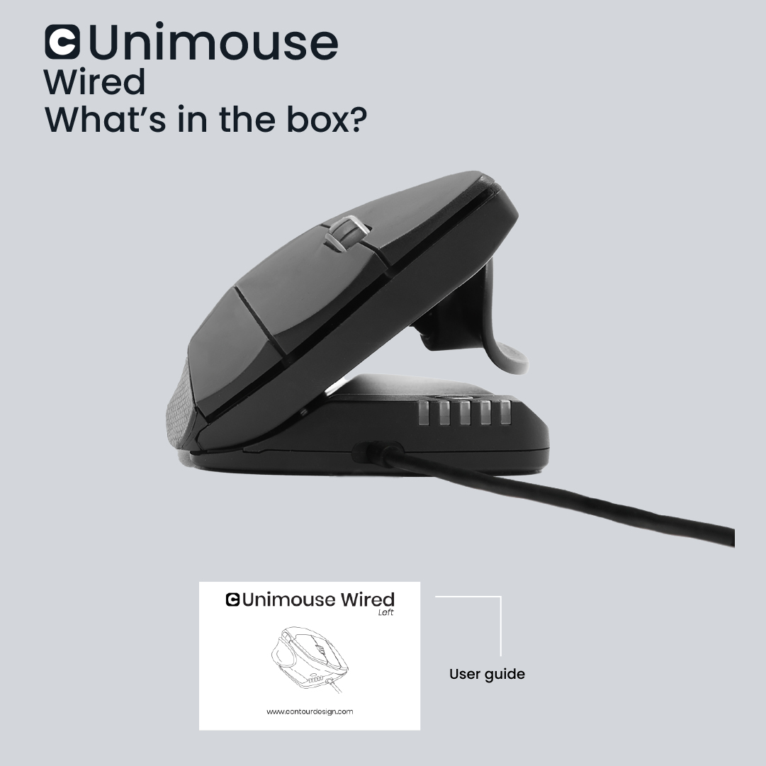 A black Unimouse Wired with a user guide. The mouse is angled, showing its ergonomic design. The background is light gray.