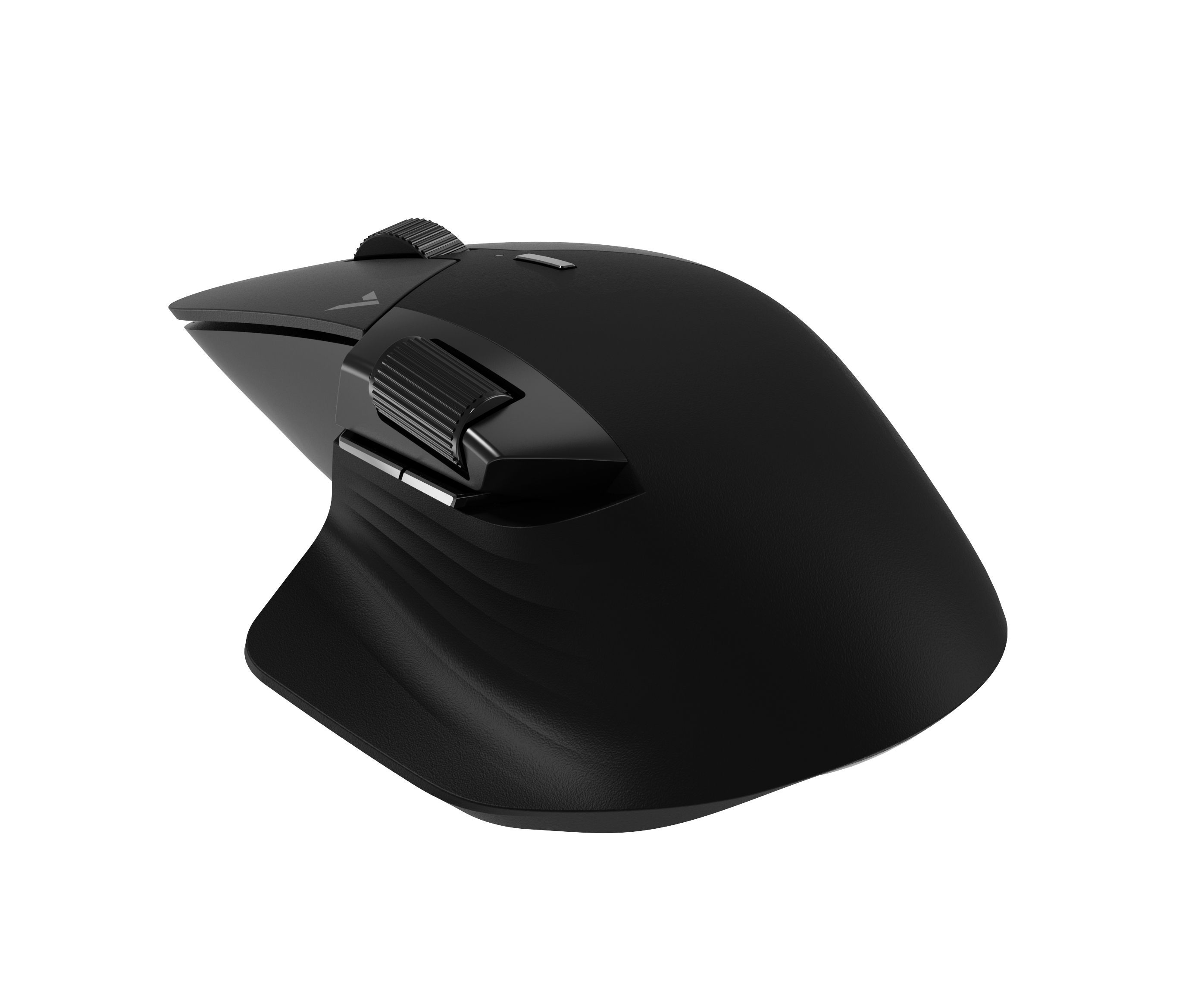 Eine schwarze ergonomische Computermaus mit Tasten und einem Scrollrad ist vor weißem Hintergrund isoliert.