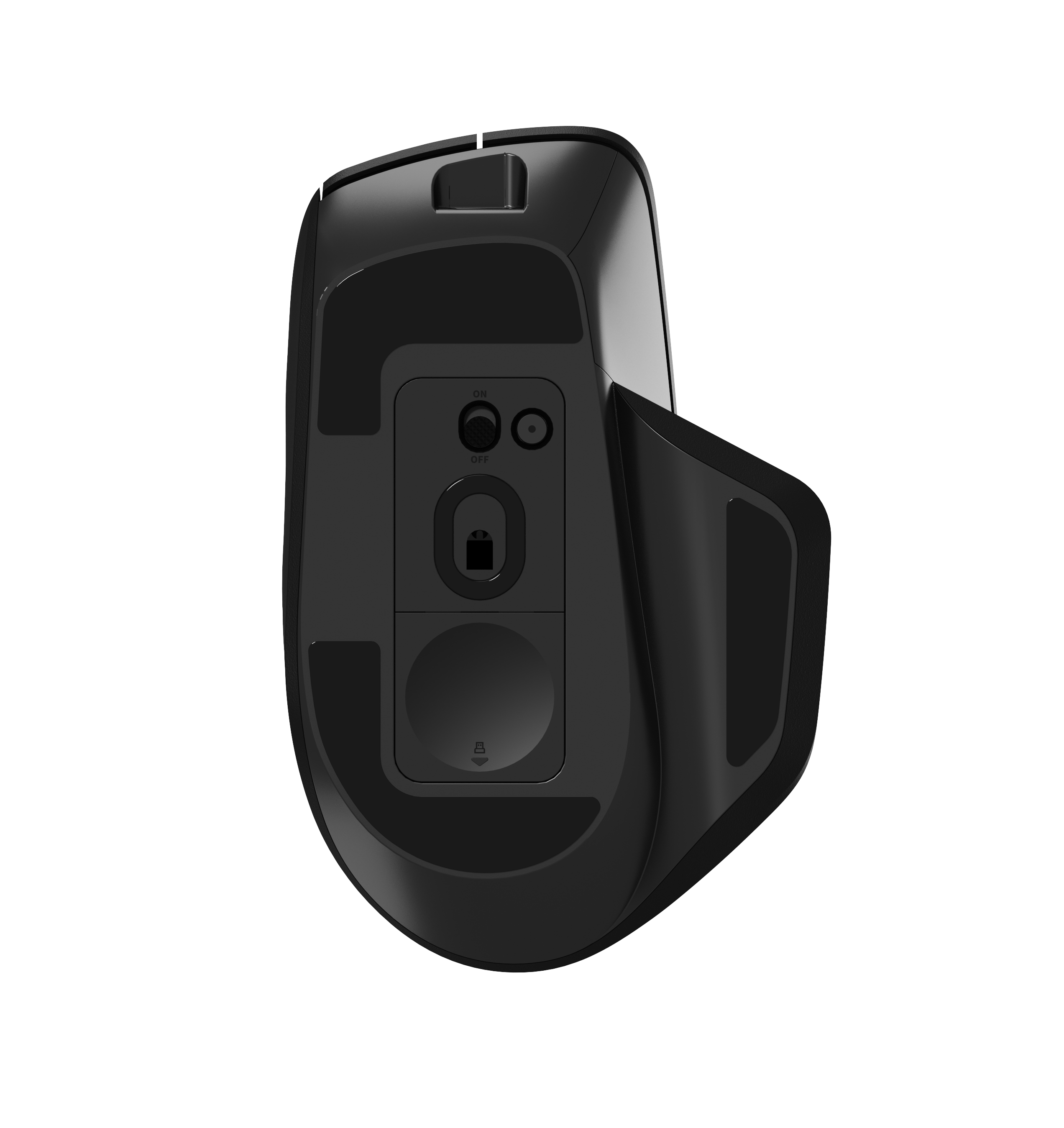 Unterseite einer schwarzen Computermaus. Sie hat einen Ein/Aus-Schalter, einen Sensor und ein großes rundes Pad.
