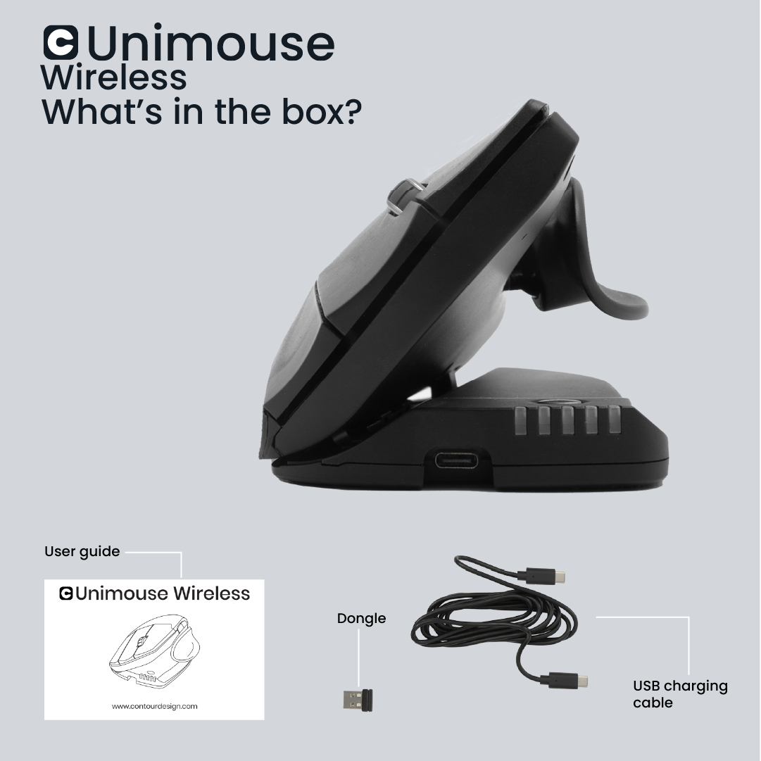 Une Unimouse noire ouverte, un guide d'utilisation, un dongle et un câble de chargement USB sur fond gris clair. Le texte dit 'Qu'y a-t-il dans la boîte ?'