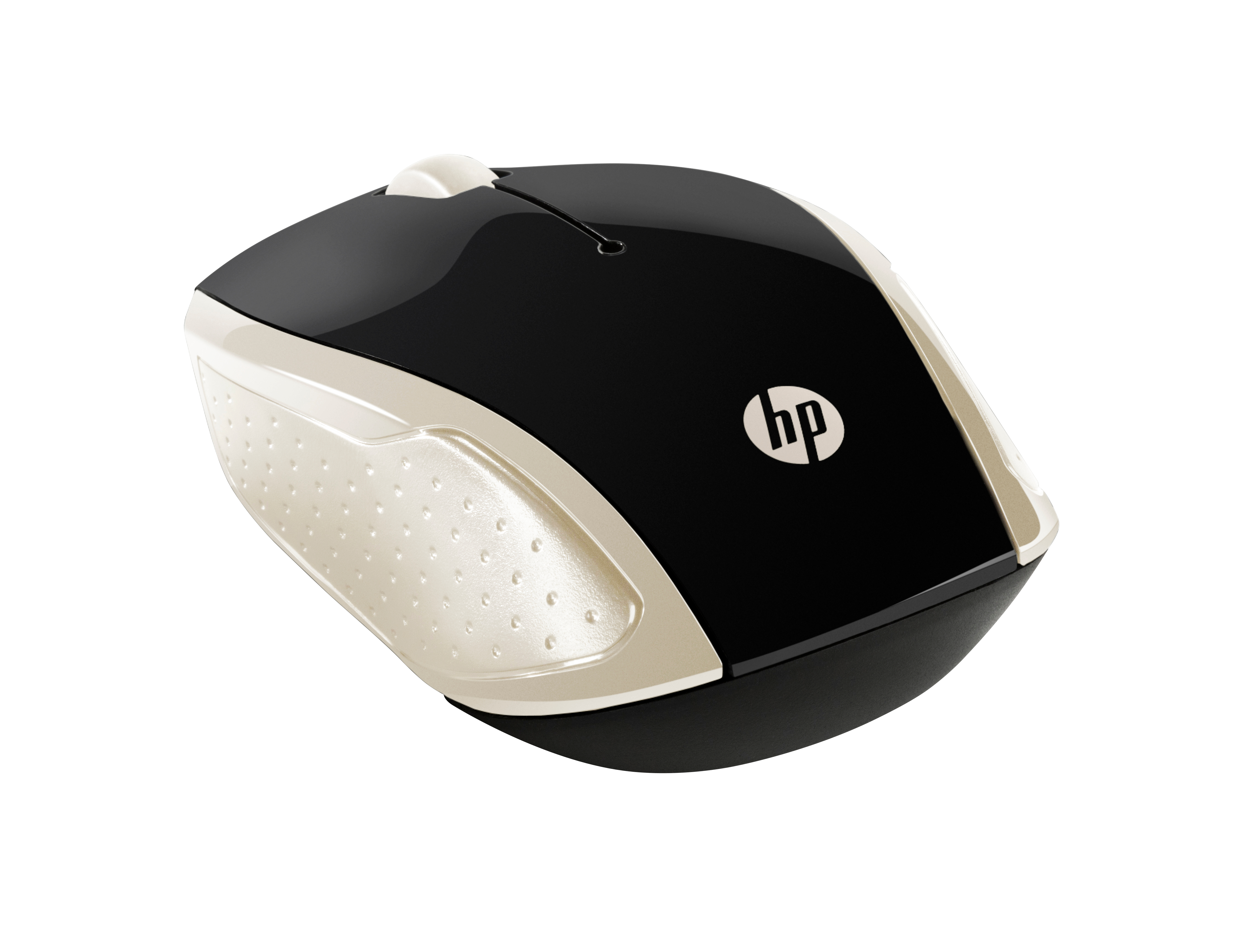 Souris HP noire et beige sur fond blanc. La souris a un logo HP.