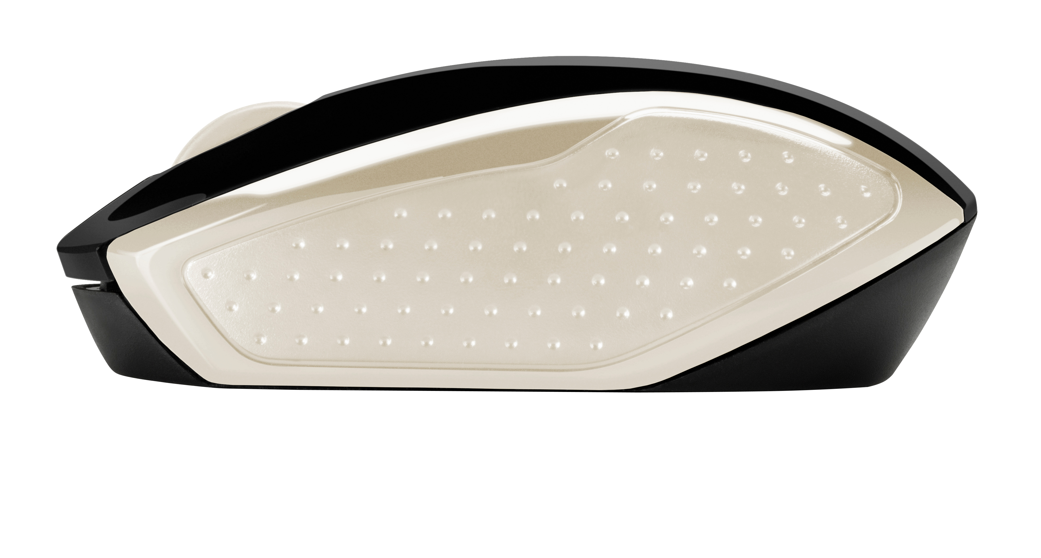 Une souris d'ordinateur, noire et beige, sur fond blanc. La souris a une base beige texturée et un dessus noir.
