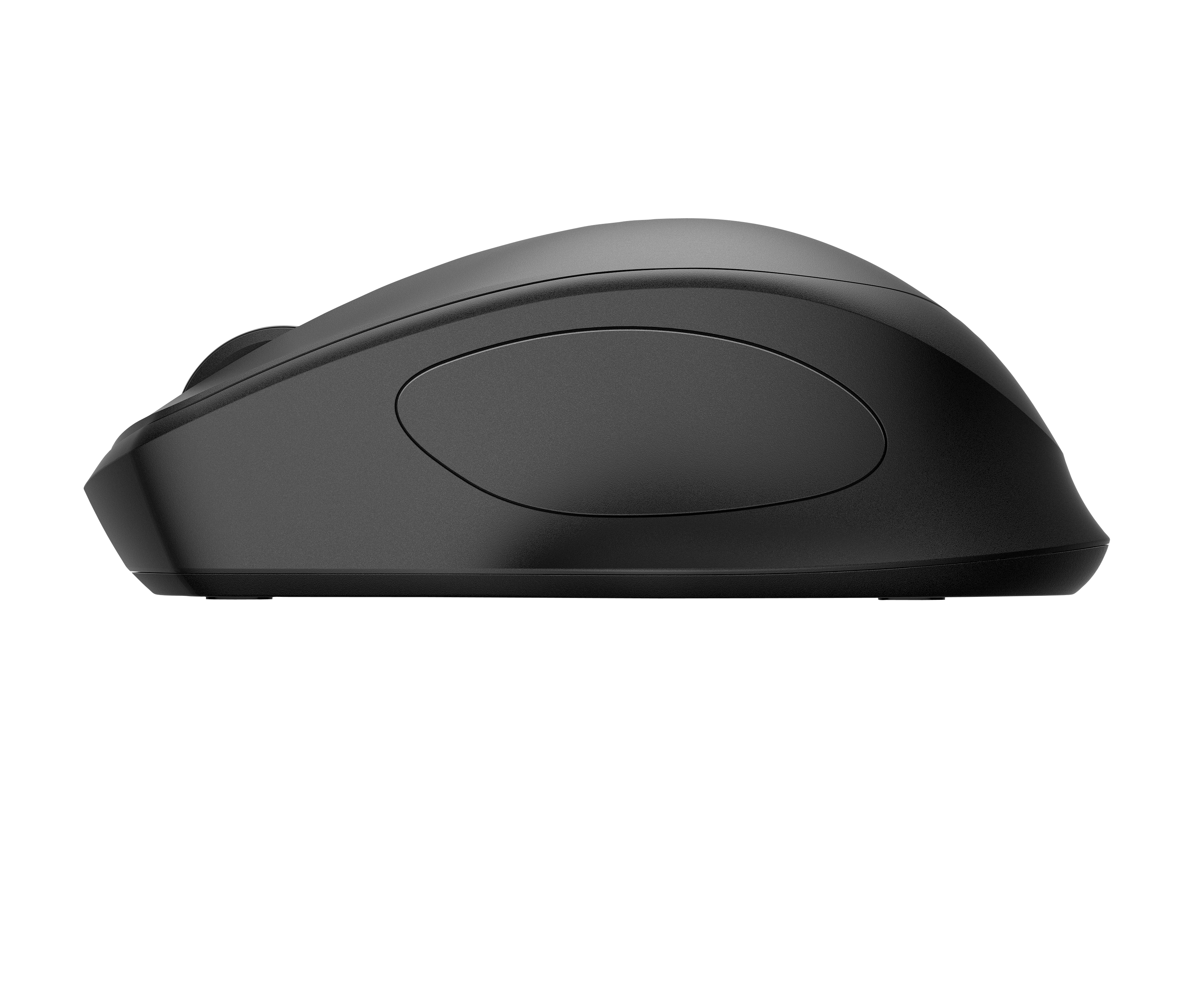Een zwarte computermuis op een witte achtergrond. De muis heeft een gebogen ontwerp met een getextureerd oppervlak.