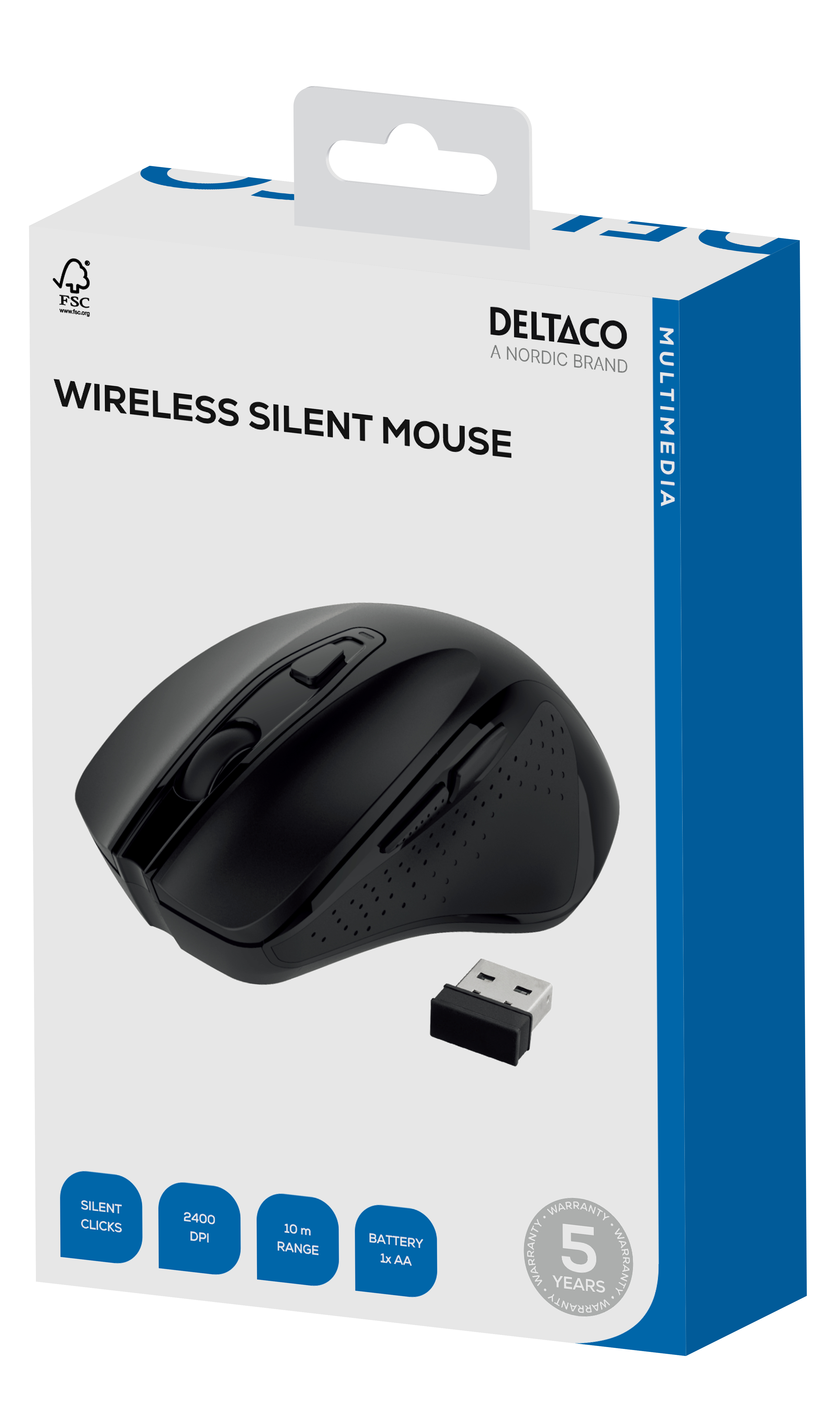 A black wireless silent mouse on a white box. The box displays specs and the brand name. Includes a USB receiver.
