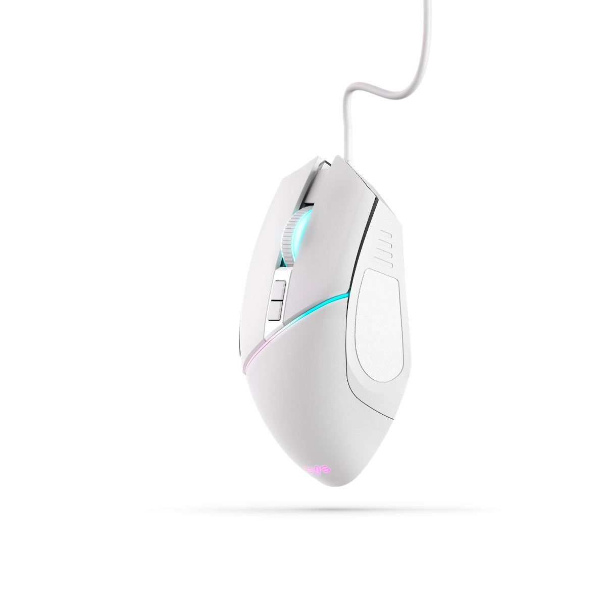 Un mouse da gioco bianco con rotella e pulsanti luminosi, appeso a un cavo bianco su sfondo bianco.
