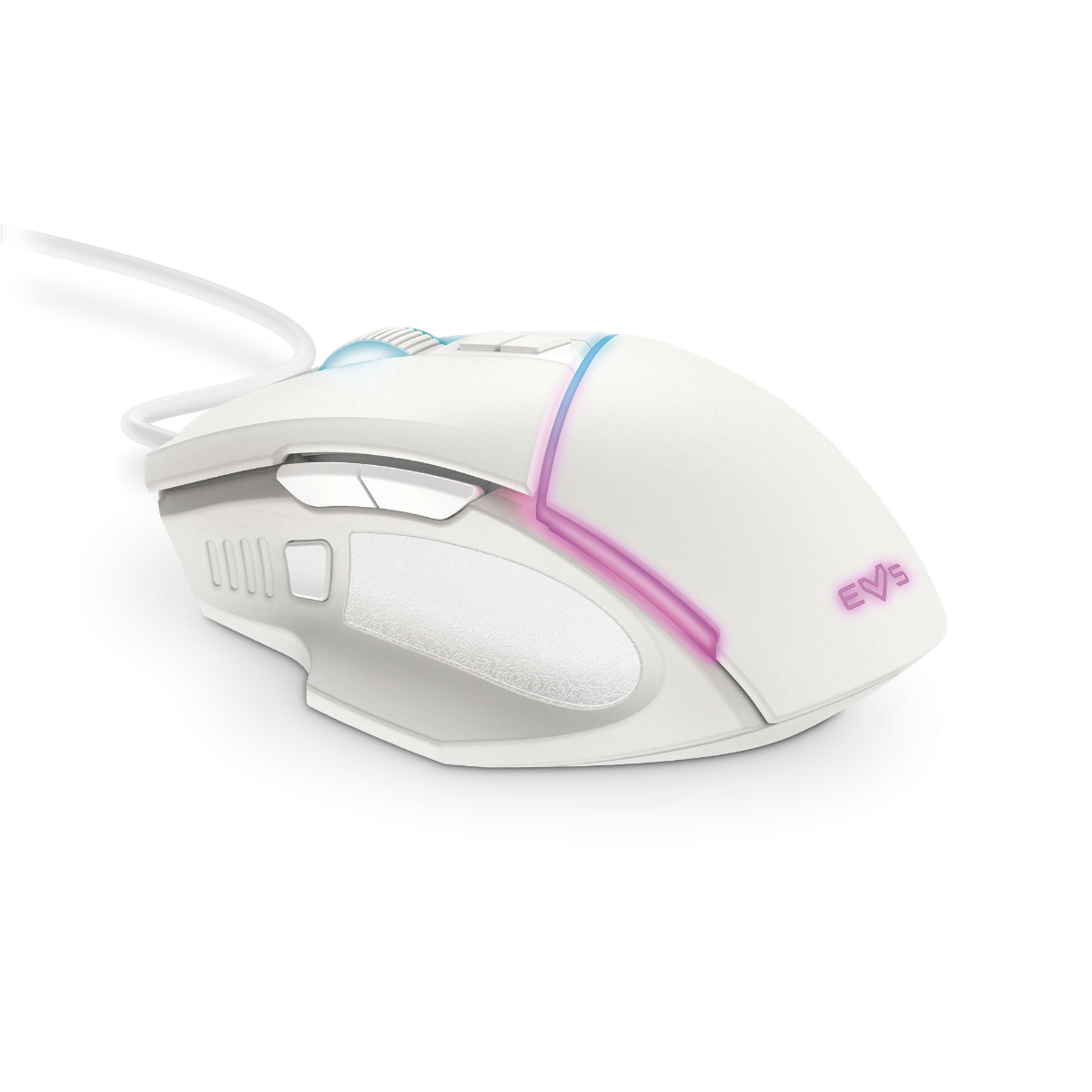 Un mouse da gioco bianco con illuminazione RGB. Ha un'impugnatura strutturata, pulsanti e una rotella. Il logo EVS è sul lato.