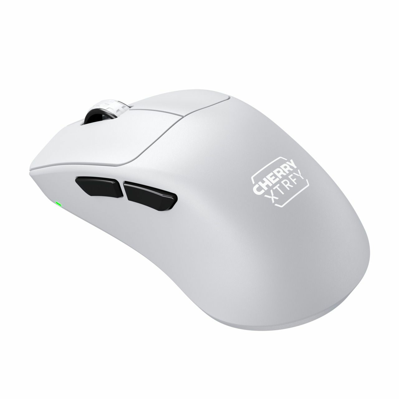 Un mouse da gioco Cherry Xtrfy bianco con pulsanti neri e rotella di scorrimento. Il mouse è su sfondo bianco.