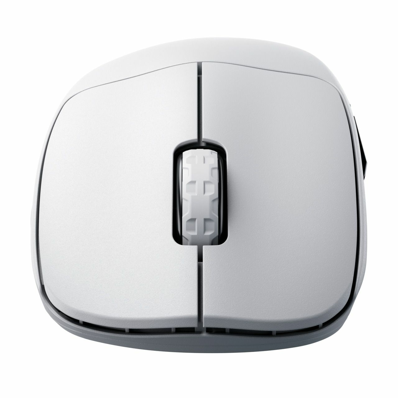 Un mouse bianco con una rotellina al centro. Ha due pulsanti e un bordo grigio scuro.