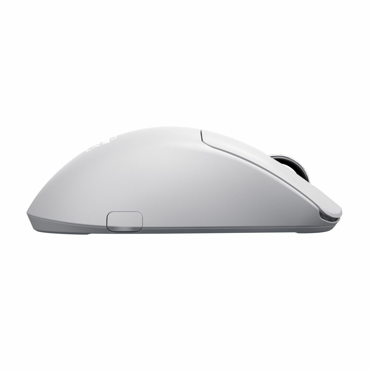 Un mouse per computer bianco. Ha un design curvo con una rotellina e pulsanti. Lo sfondo è bianco.