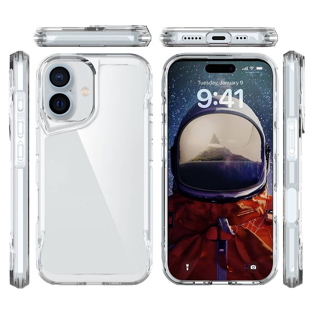 İçinde telefon bulunan şeffaf bir telefon kılıfı. Ekranda uzayda bir astronot görünüyor.