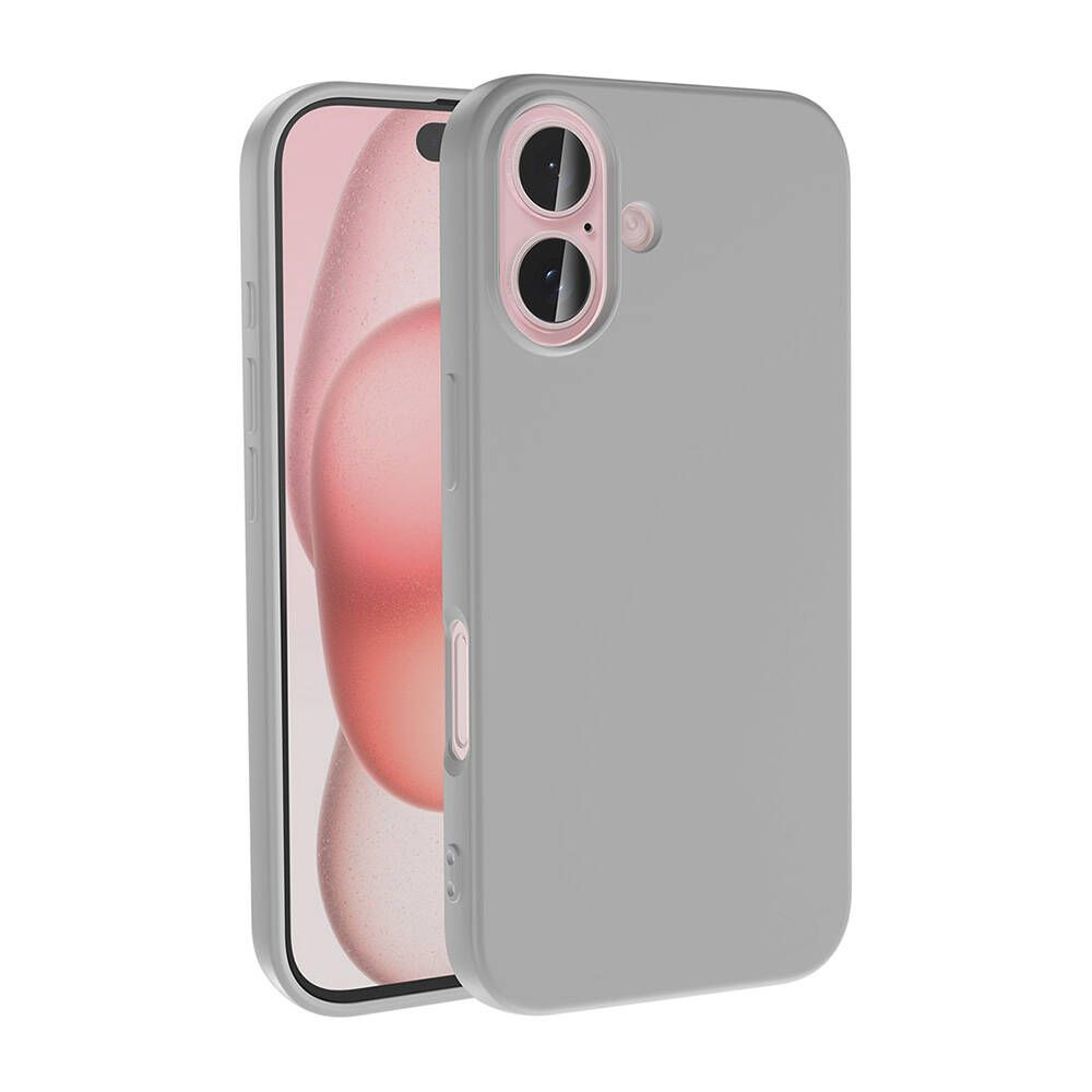 Pembe kamera lens alanına sahip gri bir telefon kılıfı, açık pembe arka planlı bir telefona yerleştirilmiş.