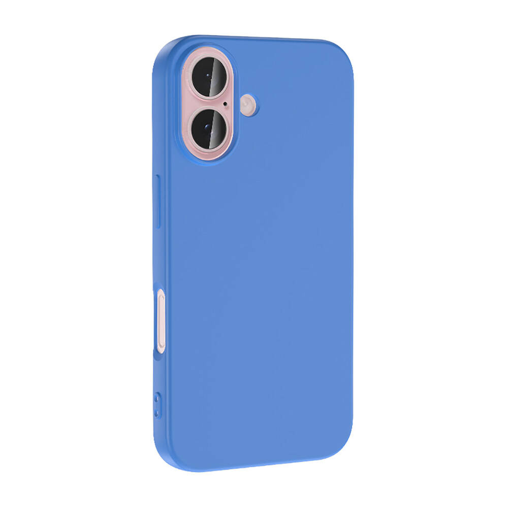 Mavi bir telefon kılıfı. Kamera kesikleri ve yan düğmeleri var. Kamera alanı ve düğmeler daha açık pembe renkte.