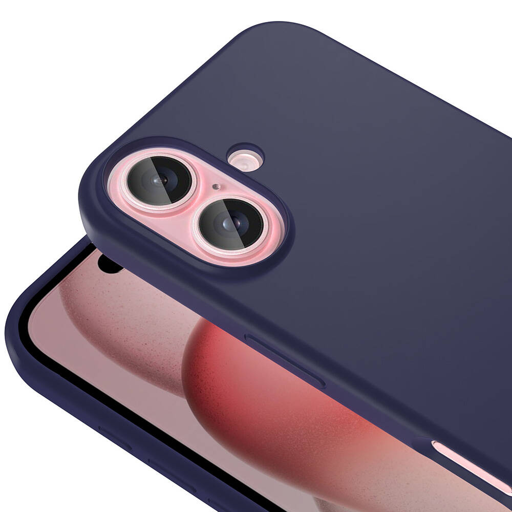 Koyu mavi bir telefon kılıfının, kamera lenslerini gösteren yakın çekimi. Altta, pembe bir tonla telefon ekranı görülebilir.