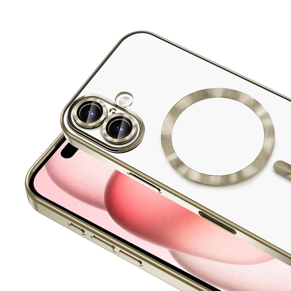 Altın çerçeveli bir akıllı telefon kılıfı. Bir halka ve çift kamera kurulumu ile şeffaf bir arka kısma sahiptir. Ekran pembe bir renk gösteriyor.