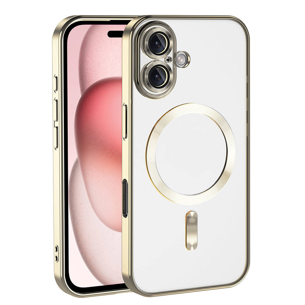 Altın çerçeve ve detaylara sahip şeffaf telefon kılıfı. Kamera kesikleri, dairesel detay ve dikey çubuk içerir.