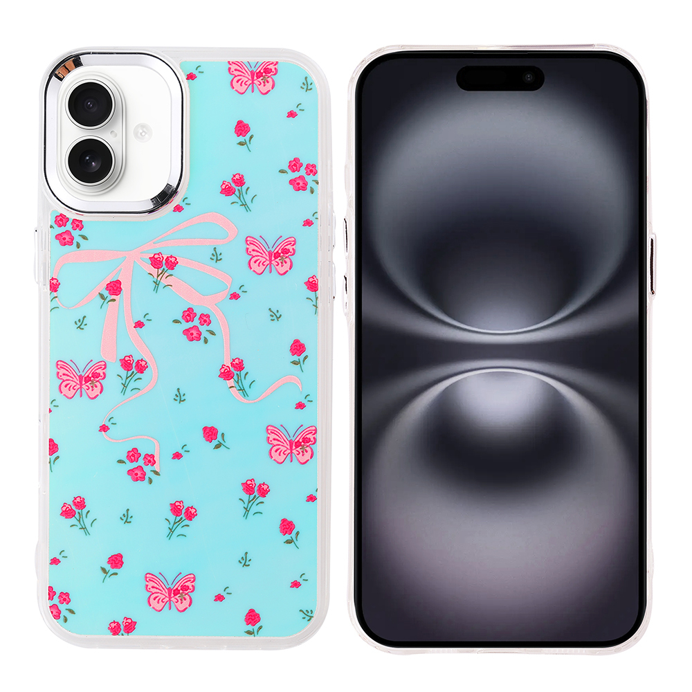 İki akıllı telefon. Biri mavi kılıflı, pembe kelebek ve çiçek desenli ve fiyonklu. Diğerinin siyah ekranı var.