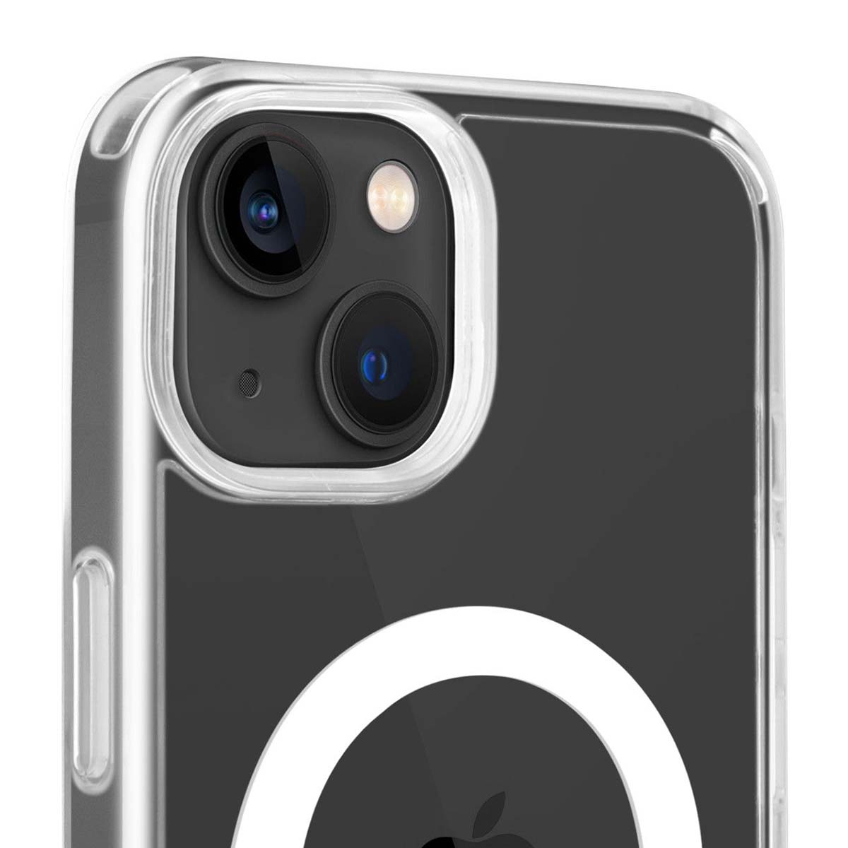 Primo piano di una custodia trasparente per telefono. Mostra le lenti della fotocamera e un anello magnetico bianco con il logo Apple.
