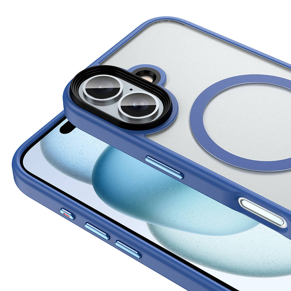 Şeffaf arka yüzü olan mavi bir telefon kılıfının yakın çekimi. Kılıfın dairesel bir halkası ve kamera lens koruyucusu var. Telefon ekranı görünüyor.