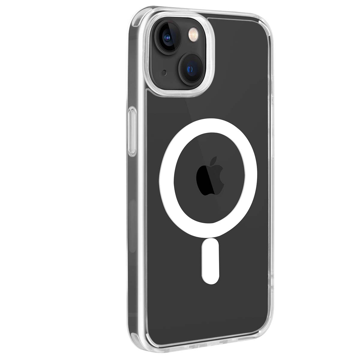Custodia trasparente con retro nero. Anello e barra bianchi sul retro, logo Apple all'interno. Obiettivi della fotocamera visibili.