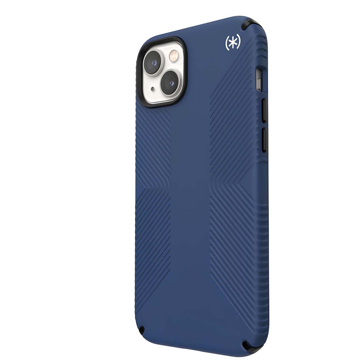 Una funda azul para teléfono con diseño texturizado. Tiene un recorte para la cámara y un logotipo de la marca. La funda está ligeramente angulada.