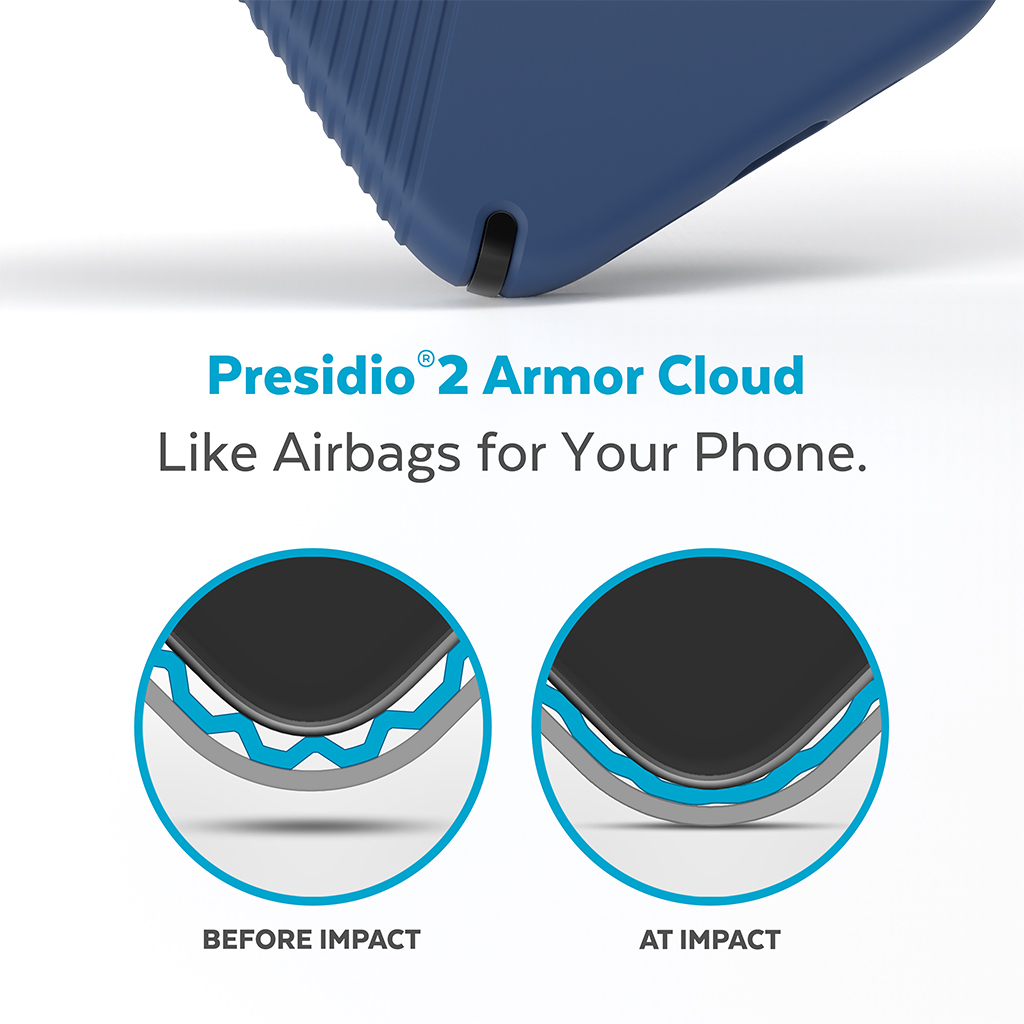 Detalle de funda azul. Diagramas muestran absorción de impacto. Texto: 'Presidio 2 Armor Cloud, como airbags para tu teléfono'.