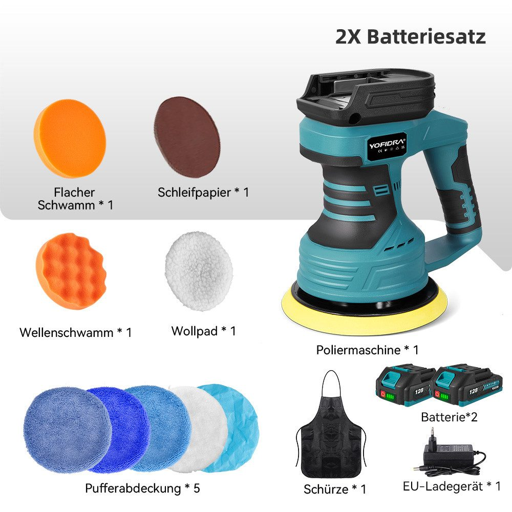 Ein Bild zeigt Poliermaschine, Pads, Batterien, Ladegerät, Schürze und Schwämme. Die Maschine ist blaugrün und schwarz.
