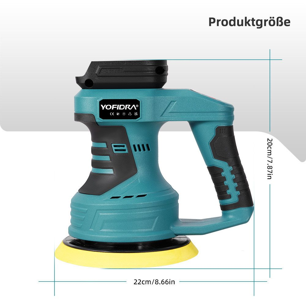 Ein türkis-schwarzer Elektroschleifer mit gelbem Pad. Die Abmessungen betragen 22 cm/8,66 Zoll breit und 20 cm/7,87 Zoll hoch.