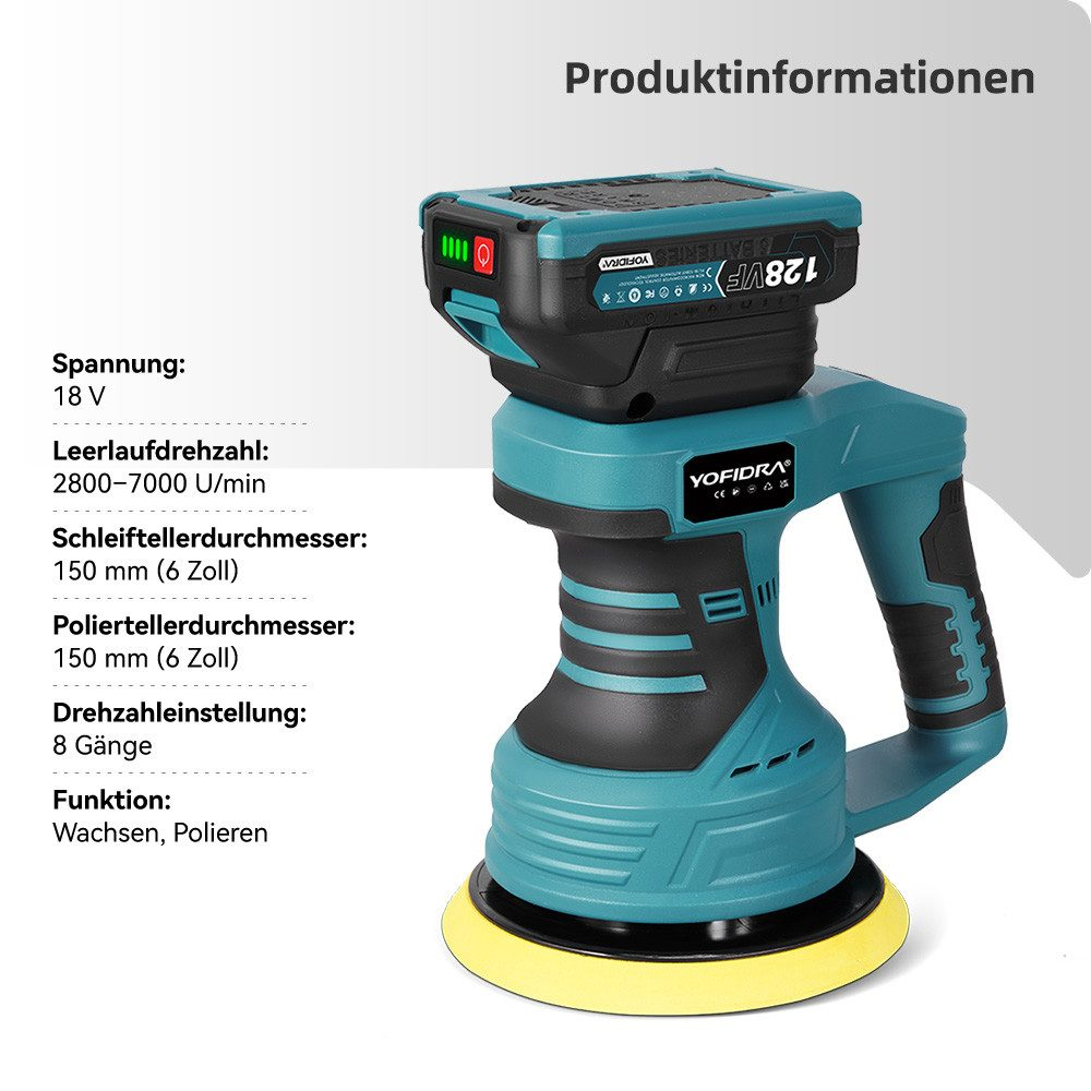 Ein elektrischer Polierer mit tealfarbenem Gehäuse und schwarzem Akku oben. Unten befindet sich das gelbe Pad. Text: Produktinformationen.